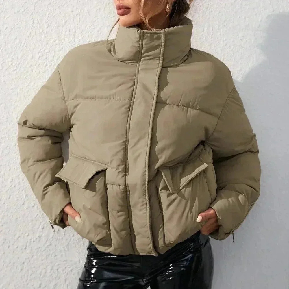 Khaki Casual Women's Loose Stand Collar Padded Puffer Coat - Picture 6 of 6